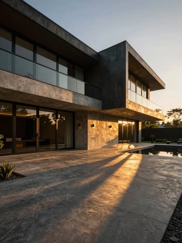 Dramatic wide-angle exterior of a modern luxury villa in Barwani, golden-hour sunlight casting long shadows on concrete and glass