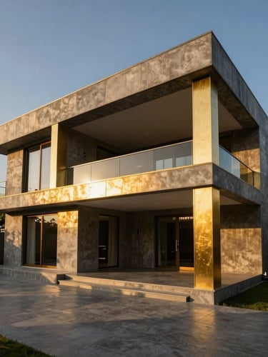 Dramatic golden-hour architectural photograph of a modern luxury villa in India, concrete and gold metal accents, deep shadows, wide-angle lens