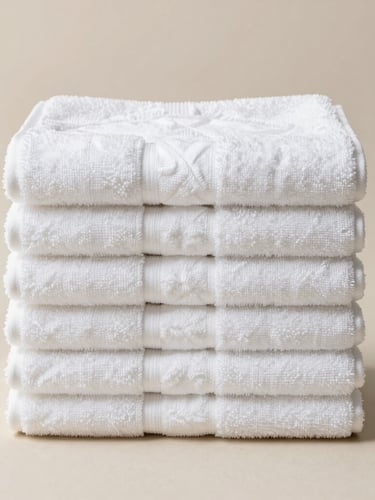 A clean, unbranded stack of white towels on a neutral background, soft studio lighting, centered, sharp focus, 50mm lens