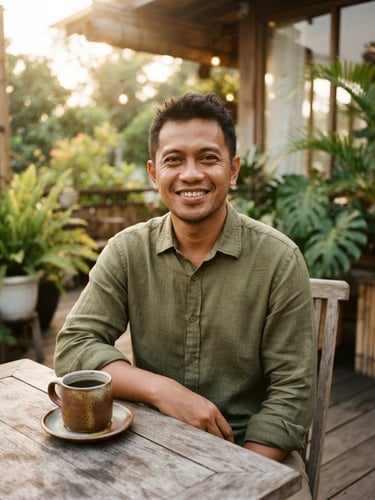 A warm close-up portrait of a friendly Indonesian man in his 30s wearing a casual linen shirt, sitting on a cozy wooden terrace with a ceramic coffee cup on the table, soft golden-hour window light, 35mm film look.
