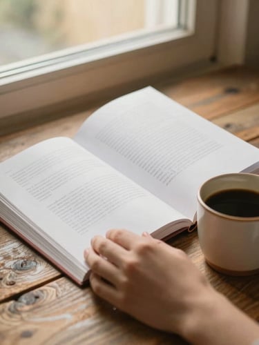 Close-up of hands holding a printed draft book next to a warm ceramic mug of black coffee on a rustic wooden table, soft window light, warm editorial photography.