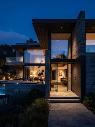 Premium architectural photography of a modern luxury concrete villa at twilight, low-key dramatic lighting, sharp focus, 35mm, with a sleek, matte black outdoor motion sensor integrated invisibly into the facade.