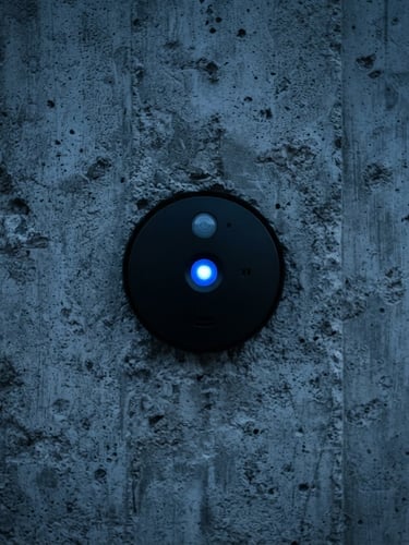 Macro photograph of a matte black security sensor seamlessly embedded in a raw concrete wall, twilight blue hour lighting, sharp focus, electric blue status indicator, 35mm