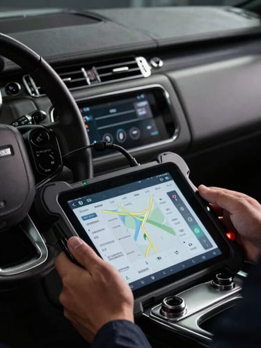 A vertical portrait shot of a certified mechanic using a high-end tablet diagnostic tool connected to a modern Range Rover dashboard, dramatic metallic reflections, low-key lighting.