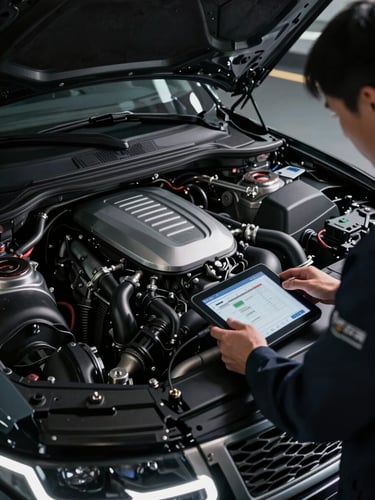 Low-angle shot of a highly detailed Range Rover engine bay, a master technician in a clean branded uniform using a digital diagnostic tablet, dramatic lighting with metallic reflections, 50mm lens.