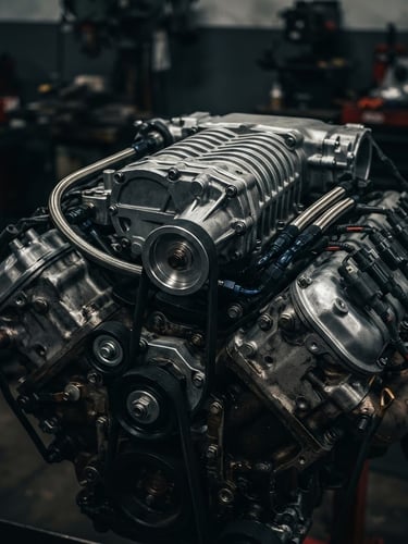 Close-up dramatic automotive photography of a supercharged V8 engine block, metallic highlights, deep shadows, professional workshop setting, 50mm lens