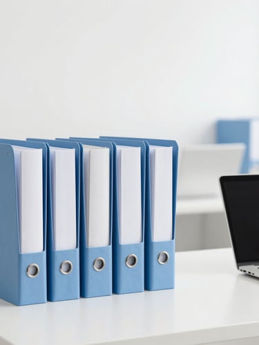 Bright professional photography, clean high-key office lighting, a modern digital workspace with organized document folders and a laptop on a white desk, subtle blue accents