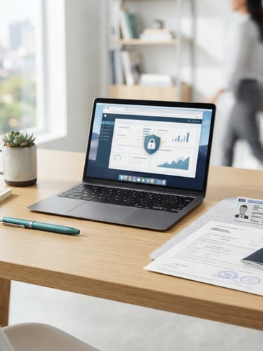 Bright professional photography of a clean modern desk with official identity documents, a laptop displaying a secure portal, and a teal pen, natural daylight