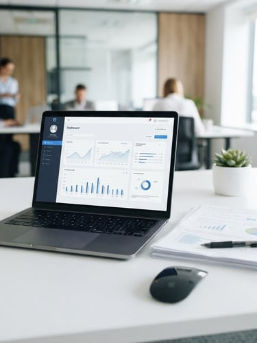 Bright professional photography, clean high-key office lighting, a modern digital workspace with a laptop displaying a secure application portal and crisp printed documents nearby.