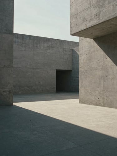 Wide cinematic film still of minimalist concrete architecture, harsh sunlight casting long geometric shadows, muted editorial tones, sharp focus, anamorphic look