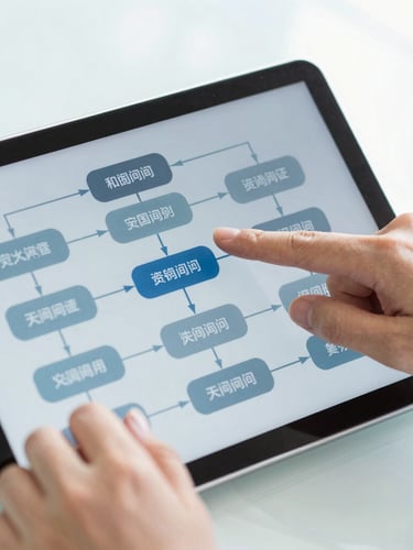 Close-up of a professional consultant's hands pointing at a structured operational flow chart on a digital tablet, bright natural daylight, clean slate blue tones.