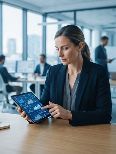 A professional consultant analyzing data on a tablet in a bright, modern commercial office environment, cool blue tones, sharp focus.