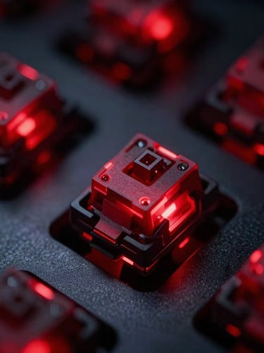 Extreme close-up of a high-end mechanical keyboard switch, glowing red LED backlight reflecting on brushed aluminum plate, moody dark-mode tech photography, sharp macro details