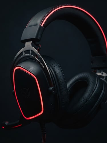 High-contrast low-key studio shot of an e-sports gaming headset glowing with crimson red neon trim, dark matte plastics, 35mm lens, sharp macro details