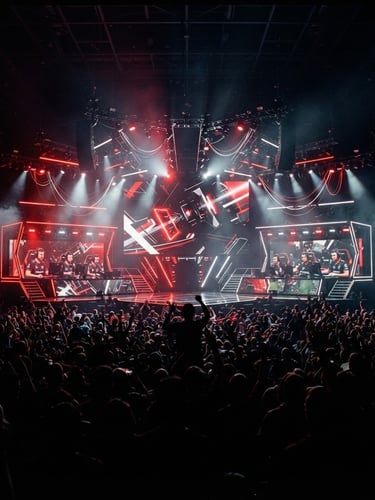 Dramatic wide-angle shot of a massive e-sports tournament stage, illuminated by intense crimson red and cool white neon spotlights, packed arena crowd silhouetted in the foreground, sharp focus, 35mm lens