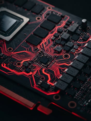 Macro shot of a high-end graphics card PCB, glowing red LED traces on black circuit board, sharp solder points, low-key dramatic backlighting
