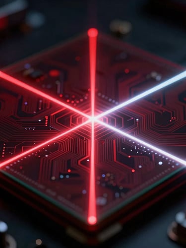 Macro shot of a silicon wafer under cleanroom lighting, reflections of deep red and cool white laser beams, sharp details of micro-circuits, 35mm lens