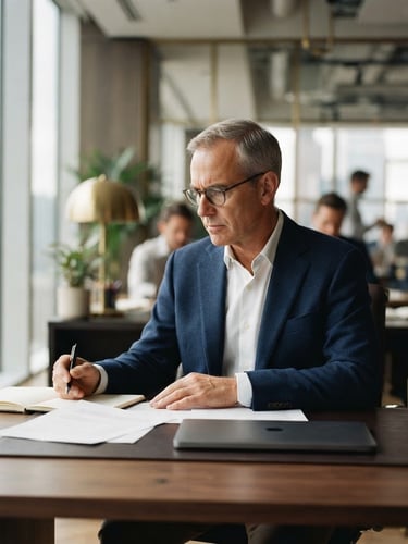 Walter Evarts, senior professional, in a modern corporate office, focused and authoritative, natural window light, shallow depth of field, 35mm.