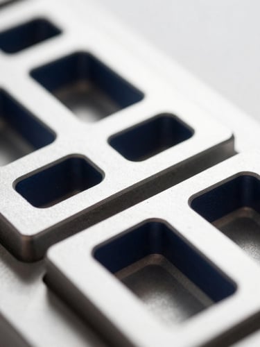 Macro close-up of structured physical network routing hardware, sharp geometric metallic edges, bright high-key studio lighting with defined shadows, clean platinum and navy tones.