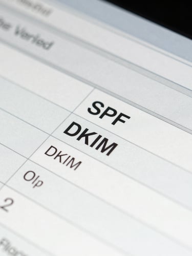 Macro close-up of a clean terminal interface showing verified SPF and DKIM records, bright high-key lighting, sharp geometric lines.