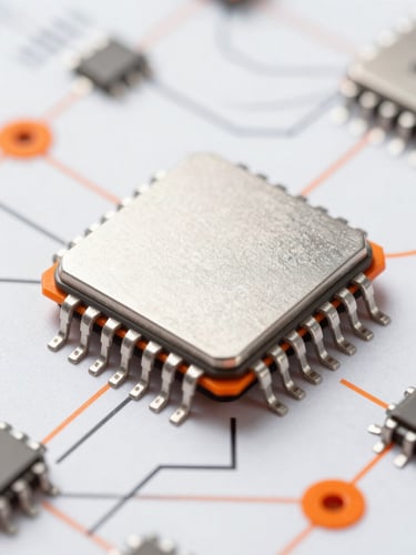 Macro close-up of a physical microchip schematic, high-key bright studio lighting, sharp defined shadows, crisp platinum white and safety orange accents.