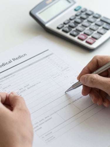 Close-up of hands highlighting a line item on a medical bill, calculator and pen on a clean desk, bright neutral daylight, desaturated cool tones with warm paper accents, sharp focus, 35mm