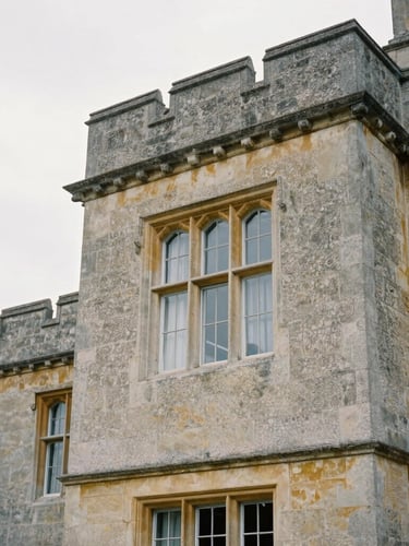 Extreme close-up architectural detail of a classic stone manor in Bedfordshire, soft overcast British daylight, 35mm film texture, desaturated slate tones