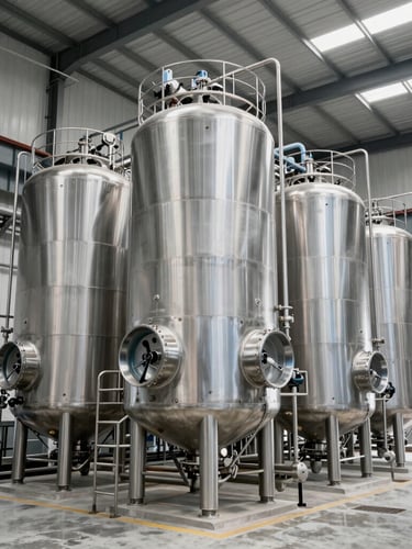 A tall vertical shot of modern stainless steel palm oil refining tanks inside a brightly lit, high-key industrial processing facility, clean concrete floors, piping details, professional agro-processing environment.