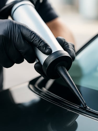 Close-up of a technician's hands in black protective gloves applying structural adhesive bead to the edge of a clean new windshield, bright natural daylight, crisp focus on the seal.