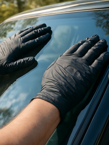A close-up of hands wearing black protective gloves carefully setting a new windshield onto a vehicle frame, bright natural daylight, crisp reflection of trees.