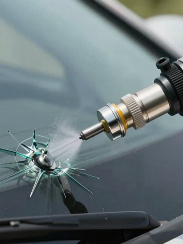 Close-up of a precision vacuum pump tool sealed against a car windshield, extracting air from a glass crack, bright daylight, professional hand visible