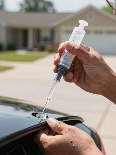 Close-up of a technician's hands injecting clear resin into a small windshield chip, bright natural daylight, parked in a clean suburban Kirkwood driveway, shallow depth of field.