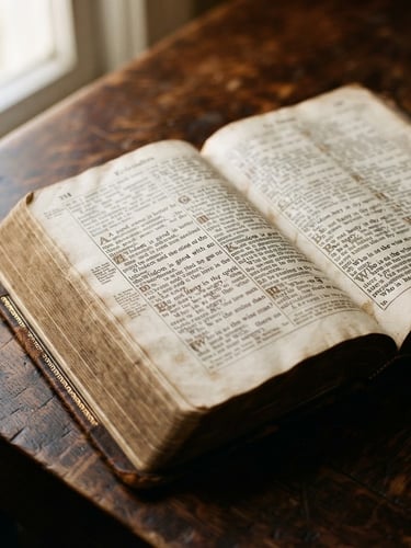 Close-up of an open, ancient leather-bound Bible on a dark wooden desk, soft natural window light casting deep shadows on the elegant typography of the pages, 35mm photography