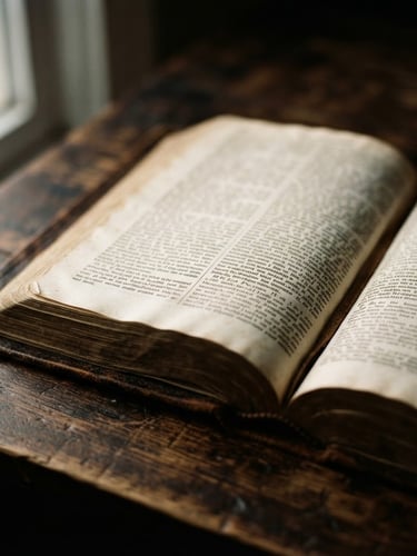 Close-up detail of an open leather-bound Bible on a dark wooden desk, soft natural window light casting deep shadows, shallow depth of field, 35mm