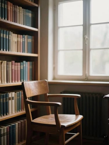 A quiet, warm study room with bookshelves filled with old theological volumes, a single empty wooden chair, soft morning light filtering through a high window, shallow depth of field, 35mm