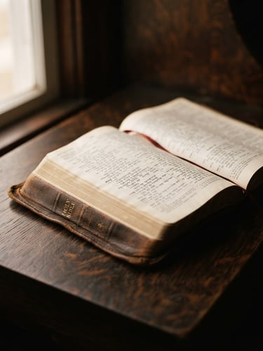 Warm editorial photography of an open leather-bound Bible on a dark wooden desk, soft natural window light casting deep shadows, shallow depth of field, 35mm