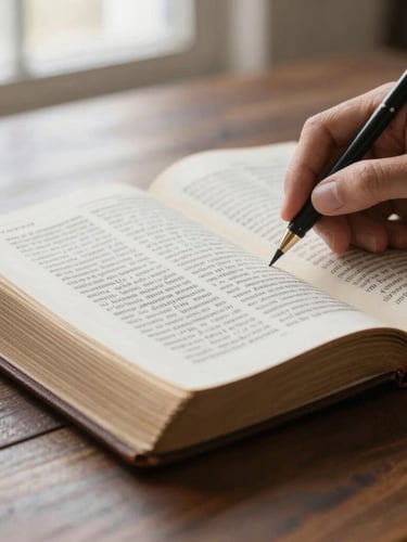 A close-up photograph of a hand tracing ancient text in a heavy leather-bound Bible on a dark wooden desk, soft natural window light, shallow depth of field