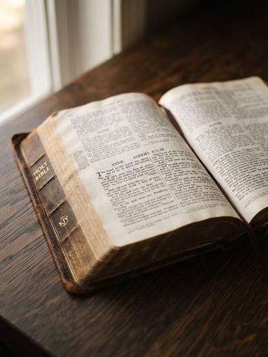 Close-up of an open leather-bound Bible on a dark oak desk, soft natural window light casting deep shadows on the elegant typography, shallow depth of field, 35mm