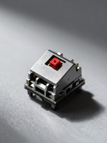 Macro shot of a vintage mechanical keyboard switch, high-contrast studio lighting, sharp architectural shadows, cool gray tones, minimalist composition.