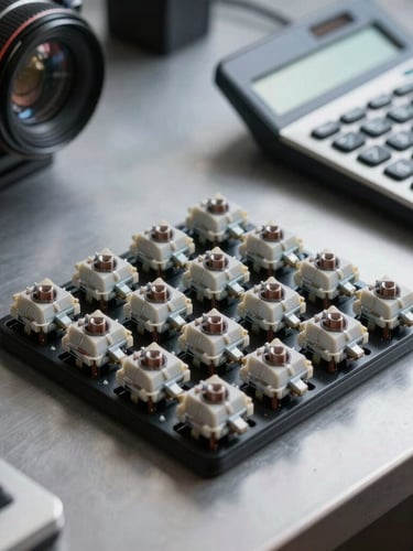 Macro shot of physical mechanical keyboard switches and a vintage minimalist calculator on an organized gray metal desk, sharp architectural shadows, cool studio lighting.