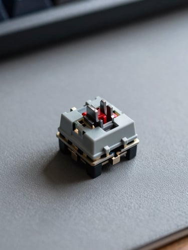 Macro shot of a vintage mechanical keyboard switch resting on a pristine gray desk mat, sharp architectural shadows, cool-toned lighting.