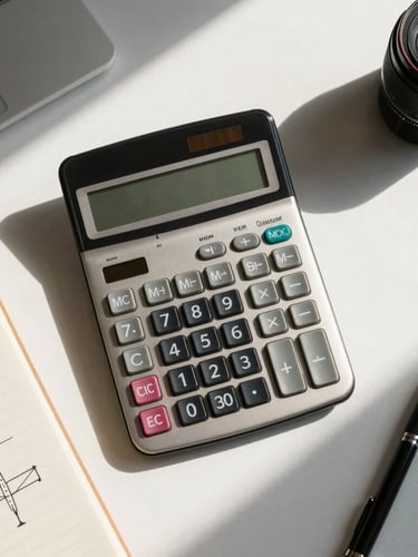 Top-down flat-lay of an organized workspace with a vintage Braun calculator, a notebook with system diagrams, and sharp shadows.