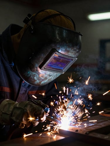 Dramatic low-key close-up of a certified welder in clean dark protective gear, intense golden welding sparks illuminating the metallic visor, deep shadows, 35mm