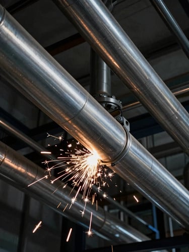 Low-angle architectural shot of clean geometric runs of stainless steel piping in a modern industrial plant, harsh metallic textures, dramatic low-key lighting, 35mm