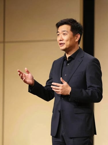 Medium shot of a communication coach gesturing elegantly while speaking on a modern minimalist stage, soft warm lighting, professional atmosphere, 35mm lens