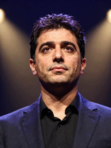 Professional close-up portrait of a Turkish communication expert on a dark stage, warm dramatic spotlighting, deep navy background, sharp focus, 35mm lens