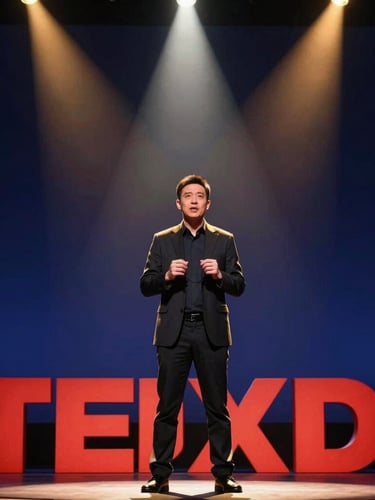 A professional speaker standing on a TED-like stage, dramatic spotlighting from above, deep navy background, warm gold rim light on shoulders, captured with a 35mm lens, high contrast.