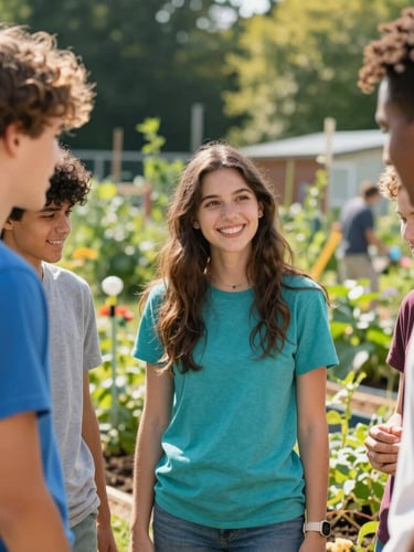 Warm environmental portrait of diverse youths collaborating in a sunny community garden in Calw, natural daylight, hopeful atmosphere, 35mm