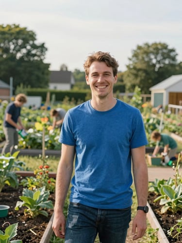 A warm wide portrait of a community coordinator smiling in an outdoor community garden in Calw, soft natural afternoon light, rich blue and teal tones, 35mm