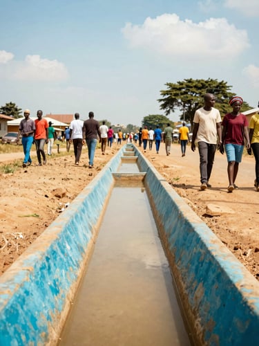 Wide environmental shot of clean engineered drainage channels in Accra, local community members walking nearby under a bright sky, warm tones, 35mm